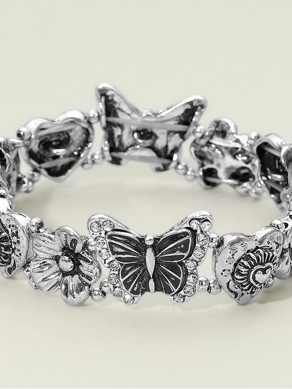 Silver Butterfly & Floral Stretch Bracelet - Women Jewelry
